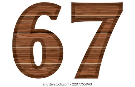 Wooden Number 67 Vector Illustration. Number Sixty Seven With Wooden Texture Isolated On A White Background
