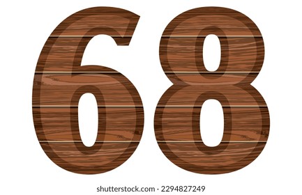 Wooden Number 68 Vector Illustration. Number Sixty Eight With Wooden Texture Isolated On A White Background
