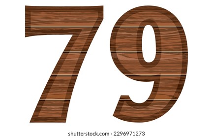 Wooden Number 79 Vector Illustration. Number Seventy Nine With Wooden Texture Isolated On A White Background
