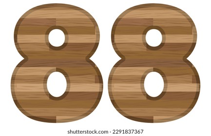 Wooden Number Eighty Eight Vector Illustration. Number 88 With Wooden Texture Isolated On A White Background
