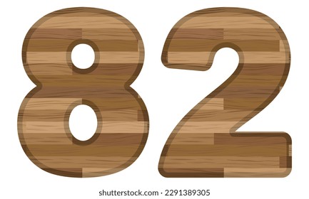 Ilustración Del Número De Madera Ochenta Y Dos Vectores. Número 82 Con Textura De Madera Aislada En Fondo Blanco

