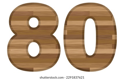 Ilustración Del Número Ochenta Vectores De Madera. Número 80 Con Textura De Madera Aislada En Fondo Blanco

