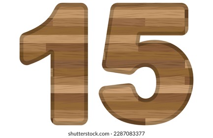 Ilustración De Vectores Número Quince De Madera. Número 15 Con Textura De Madera Aislada En Fondo Blanco
