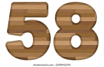 Wooden Number Fifty Eight Vector Illustration. Number 58 With Wooden Texture Isolated On A White Background
