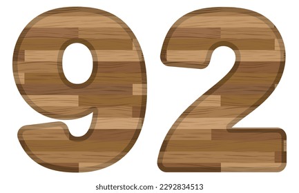Ilustración De Dos Vectores Número Noventa Y Dos De Madera. Número 92 Con Textura De Madera Aislada En Fondo Blanco

