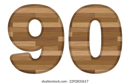 Wooden Number Ninety Vector Illustration. Number 90 With Wooden Texture Isolated On A White Background
