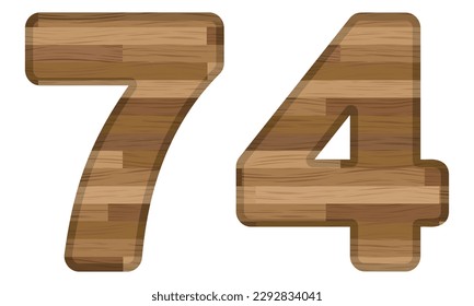 Wooden Number Seventy Four Vector Illustration. Number 74 With Wooden Texture Isolated On A White Background
