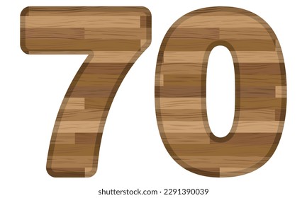 Wooden Number Seventy Vector Illustration. Number 70 With Wooden Texture Isolated On A White Background
