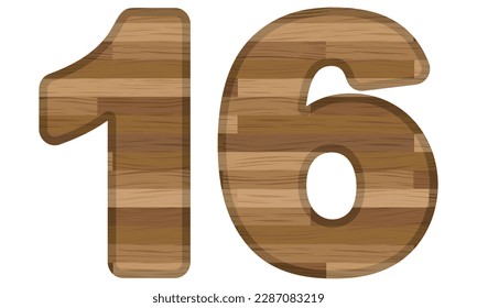 Wooden Number Sixteen Vector Illustration. Number 16 With Wooden Texture Isolated On A White Background
