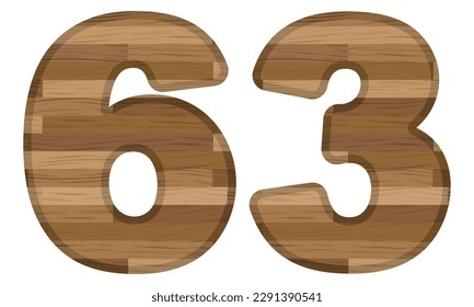 Wooden Number Sixty Three Vector Illustration. Number 63 With Wooden Texture Isolated On A White Background
