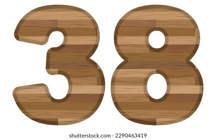 Wooden Number Thirty Eight Vector Illustration. Number 38 With Wooden Texture Isolated On A White Background
