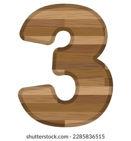 Wooden Number Three Vector Illustration. Number 3 With Wooden Texture Isolated On A White Background
