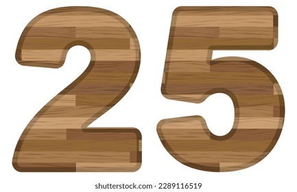 Wooden Number Twenty Five Vector Illustration. Number 25 With Wooden Texture Isolated On A White Background
