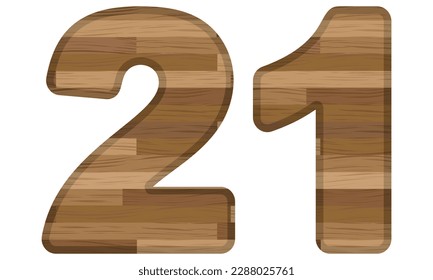 Wooden Number Twenty One Vector Illustration. Number 21 With Wooden Texture Isolated On A White Background
