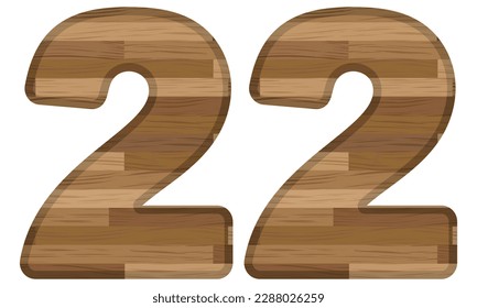 Wooden Number Twenty Two Vector Illustration. Number 22 With Wooden Texture Isolated On A White Background
