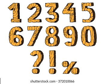 Wooden numbers set. Hand drawn vector illustration. Isolated on white