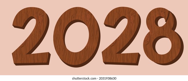 Wooden numbers.Wooden texture. Vector work. Merry Christmas and Happy New Year 2028 decorations.