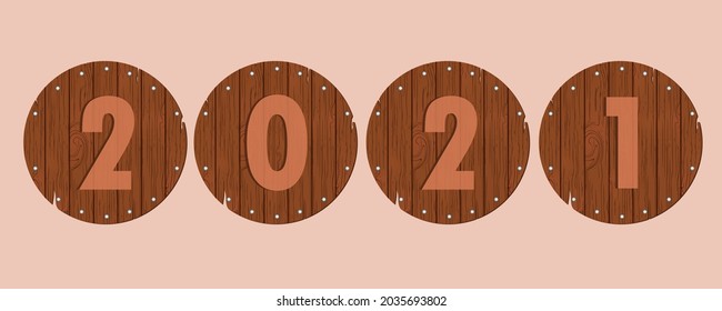 Números de madera. Textura de madera. Trabajo vectorial. Feliz Navidad y Feliz Año Nuevo 2021 decoraciones.