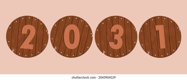 Wooden numbers.Wooden texture. Vector work. Merry Christmas and Happy New Year 2031 decorations.