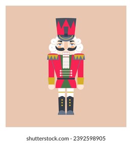 Wooden nutcracker in red uniform, white hair and red and black hat. Cute vector Christmas holiday greeting card in flat style.