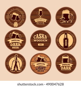 Wooden oak barrel signboards. Retro vector circle alcohol labels for cafe, restaurant, bistro, pub, beer, wine, whiskey. Keg wood with lettering illustration