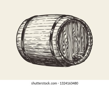 Wooden oak barrel. Wine, whisky, pub sketch. Hand drawn vintage vector illustration