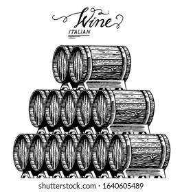 Wooden oak barrels of aged wine. Pyramidal pile of Vessels and kegs with French alcohol brandy or whiskey. Vintage Cask for Beverage maturing. Hand Drawn engraved sketch for bar menu, banner or poster