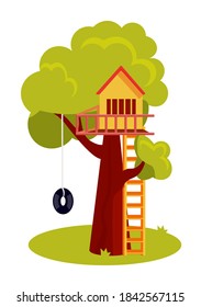 Wooden oak tree house for kid isolated on white background