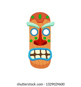 Wooden oblong shaped african mask with screaming wide opened mouth isolated on white background