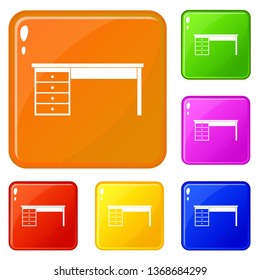 Wooden office desk icons set collection vector 6 color isolated on white background