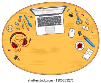 Wooden office employee or entrepreneur work desk workplace with laptop computer and diverse stationery objects for work with copy space for text. All elements are easy to use separately. Vector.