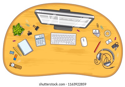 Wooden office employee entrepreneur work desk workplace and PC computer   diverse stationery objects for work and copy space for text  All elements are easy to use separately  Vector 
