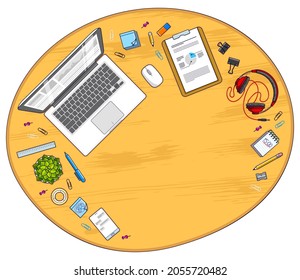 Wooden office employee or entrepreneur work desk workplace with laptop computer and diverse stationery objects for work with copy space for text. All elements are easy to use separately. Vector.
