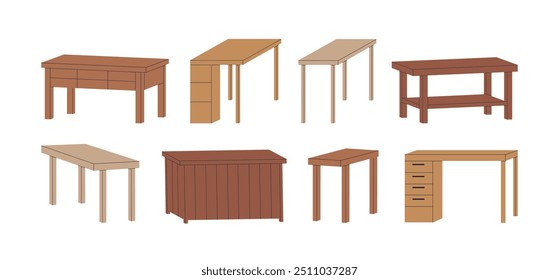 Wooden office and home study desks and work writing tables set, different kinds. Wood furniture with chest of drawers, shelves, storage. Flat vector illustration isolated on white background.