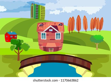 Wooden old bridge over the river, cityscape countryside, concept vector illustration