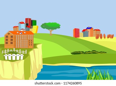 Wooden old bridge over the river, break at the river, cityscape countryside, concept vector illustration