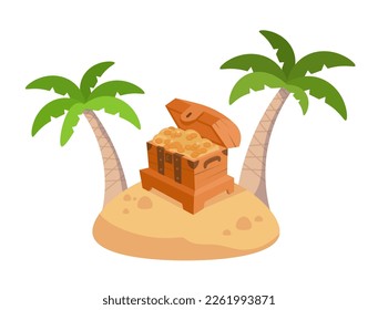 Cofre antiguo de madera con monedas de oro en la isla con palmeras. Ilustración aislada de estilo de dibujos animados sobre fondo blanco. Ilustración vectorial para el diseño de tarjetas, carteles, postales, fondos. 