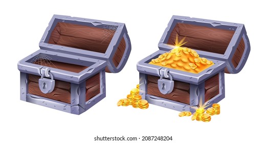 Wooden old chest, vector open full empty corsair case, game treasure icons, pirate vintage crate. Ancient trunk, golden coin pile, iron lock, antique box on white. UI secret wooden chest clipart