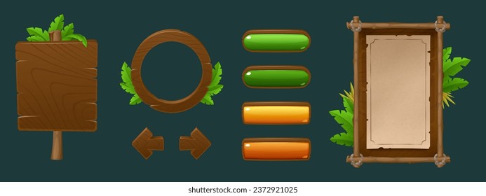 Holzrahmen und -bretter und -platten, Knöpfe und Pfeile mit Dschungelblättern und Kopienraum für das Spieldesign. Cartoon Gui-Menü und Textbeschriftung mit Holzstruktur und tropischem Wald.