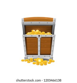 Wooden old pirate chests, full of treasures, gold coins, treasures, vector, cartoon style, illustration, isolated. For games, advertising applications