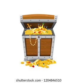Wooden old pirate chests, full of treasures, gold coins, treasures, vector, cartoon style, illustration, isolated. For games, advertising applications