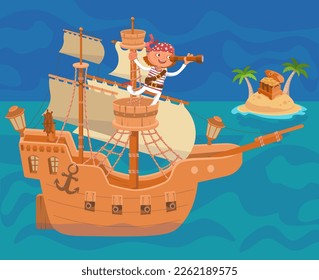 Wooden old ship with sails and cannons. Cute pirate looking at the island with a smile. Vector scene for designing posters, postcards.