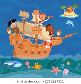 Wooden old ship with sails and cannons. Cute pirates and sea creatures. Chest of gold coins on island with palm trees. Vector illustration. Scene for puzzles, games, books. 