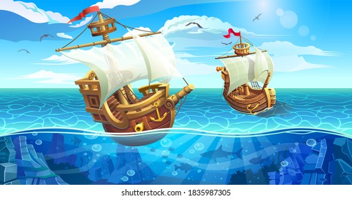 Wooden old ships with white sails. Seascape on a sunny day. Underwater world with algae and fish.
