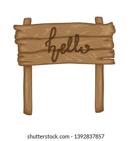 wooden old sign in retro cartoon style isolated on white background. Hello