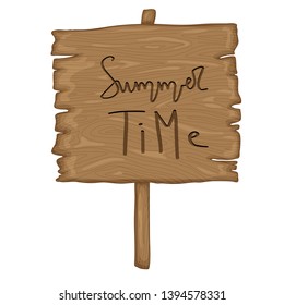 wooden old sign in retro cartoon style isolated on white background. Summer time