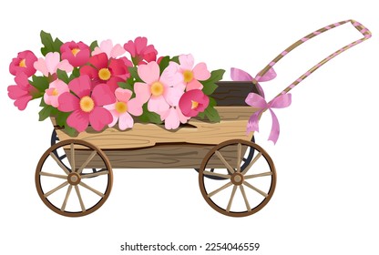 Wooden old traditional farm cart filled with bouquets of pink flowers and decorated with pink silk ribbon