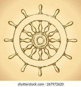 Wooden old-fashioned rough obsolete ornate big circle schooner shipswheel. Vector monochrome freehand ink drawn grunge backdrop sketch in scribble antiquity style of pen on paper with space for text