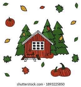 A wooden one-story house, Christmas trees are around, table with benches in on the front of concept. There are autumn leaves and pumpkins on a white background