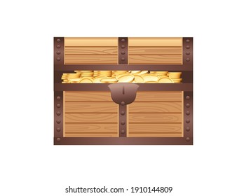 Wooden open chest with golden coins pirate treasure box game asset vector illustration on white background